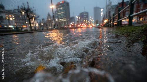 A rainy city street floods with water, showcasing reflection of lights and buildings amidst a gloomy atmosphere.