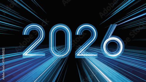 Bright neon blue glowing numbers 2026 illuminated against a dark background with streaking light trails