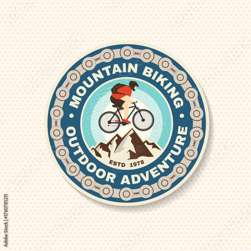 Mountain biking club patch, sticker. Vector. Concept for shirt or logo, print, stamp or tee. Vintage typography design with man riding bike and mountain silhouette. Extreme sport