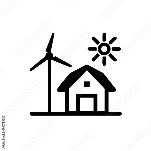 Sustainable modern home with eco design and solar roof Line Art Vector illustration