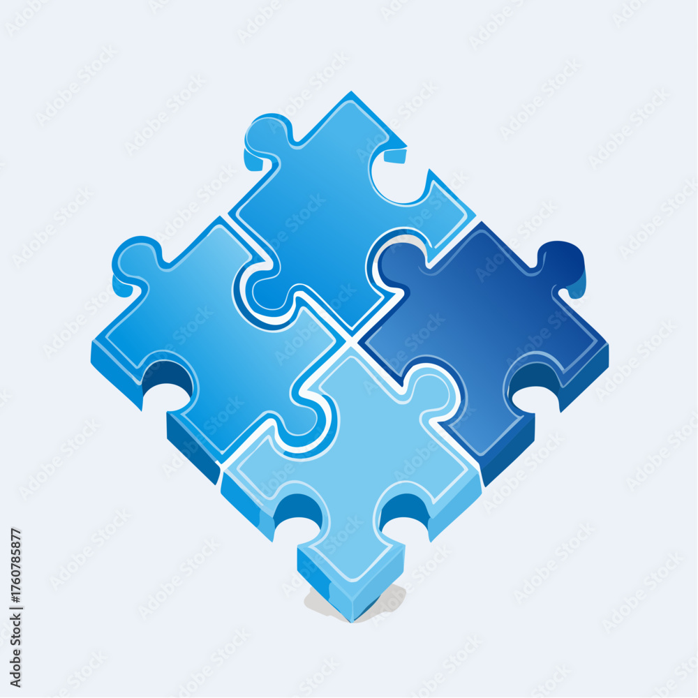Fototapeta premium Isometric view of four puzzle pieces in various shades of blue