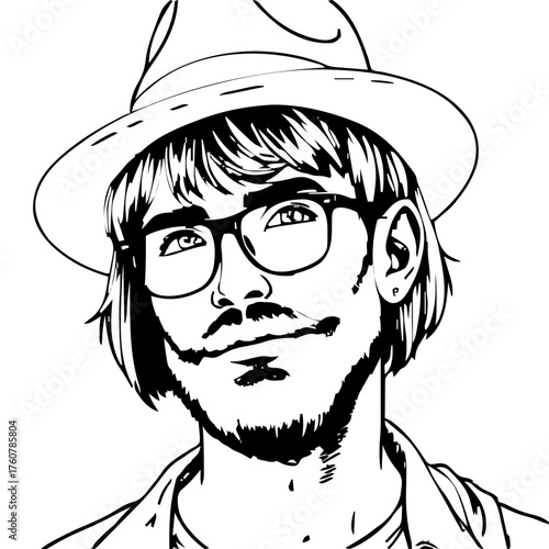 Human Face – young adult, genderqueer person, bob haircut, fedora, hearing aid #95