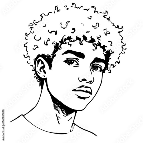 Human Face – teen, trans man, curly afro, beauty mark #121