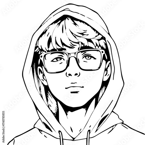 Human Face – teen, androgynous person, tight coils, hood up, square glasses #122
