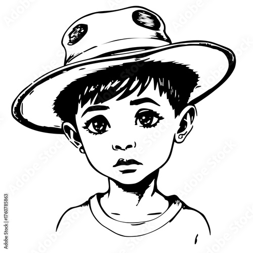 Human Face – child, genderqueer person, tight coils, wide‑brim hat, septum ring #128