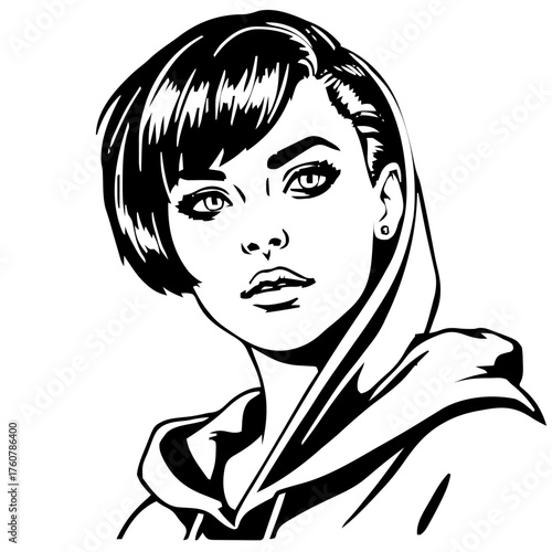 Human Face – young adult, trans woman, bob haircut, hood up, septum ring #332