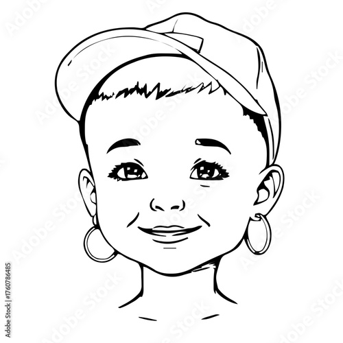 Human Face – child, woman, buzz cut, baseball cap, hoop earrings #372