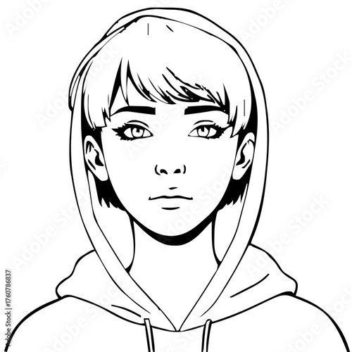 Human Face – young adult, genderqueer person, bob haircut, hood up #492