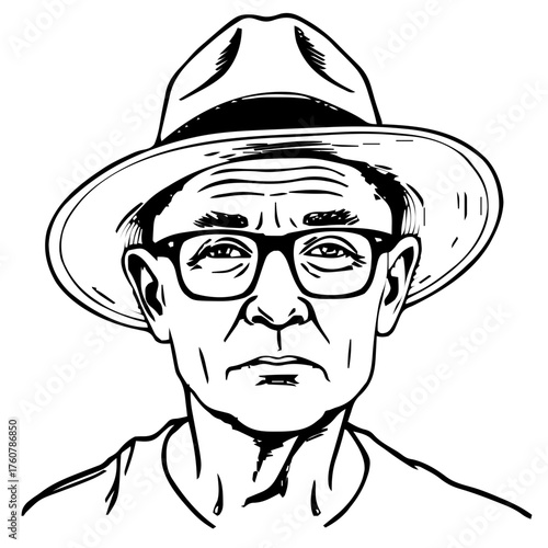 Human Face – senior, genderqueer person, bald, wide‑brim hat, square glasses #506