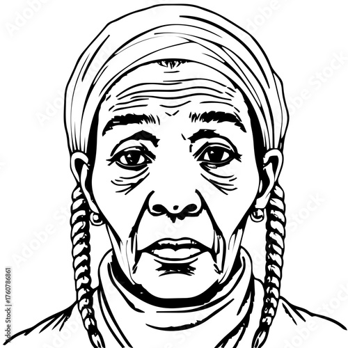 Human Face – elderly, androgynous person, box braids, hijab, stud earrings #510
