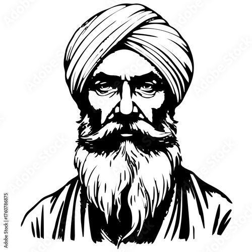 Human Face – senior, man, long straight hair, turban #521