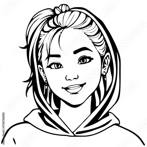 Human Face – young adult, genderfluid person, ponytail, hood up, stud earrings #534