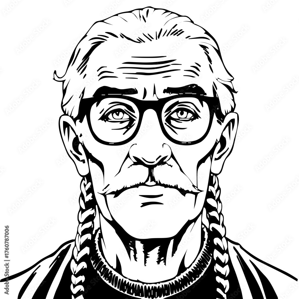 Fototapeta premium Human Face – elderly, genderfluid person, braids, round glasses #601