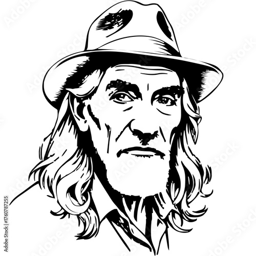 Human Face – elderly, non‑binary person, long wavy hair, fedora, beauty mark #772