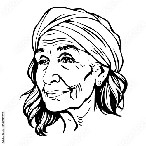 Human Face – elderly, woman, long wavy hair, turban, stud earrings #792