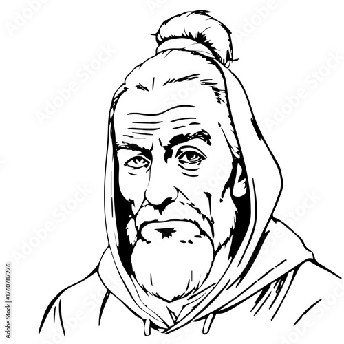 Human Face – elderly, androgynous person, top knot, hood up, septum ring #784
