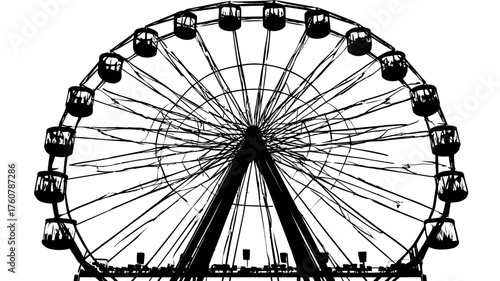Classic Ferris wheel vector illustration in black and white. Iconic amusement park ride, funfair attraction, isolated graphic design element.