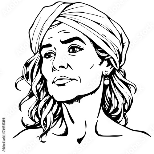Human Face – middle‑aged, androgynous person, long wavy hair, turban, stud earrings #789
