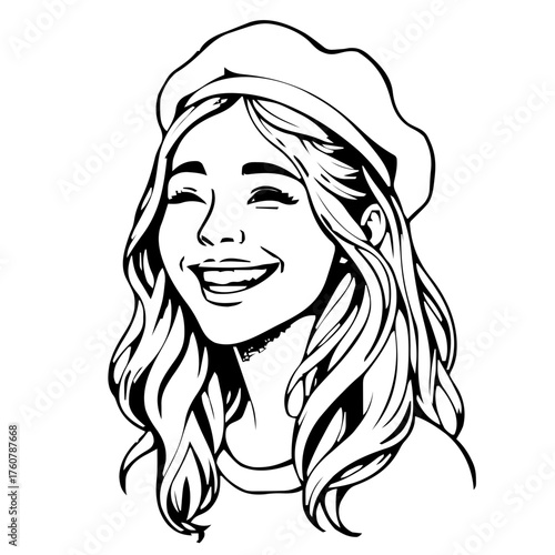 Human Face – teen, genderqueer person, long wavy hair, beret #943