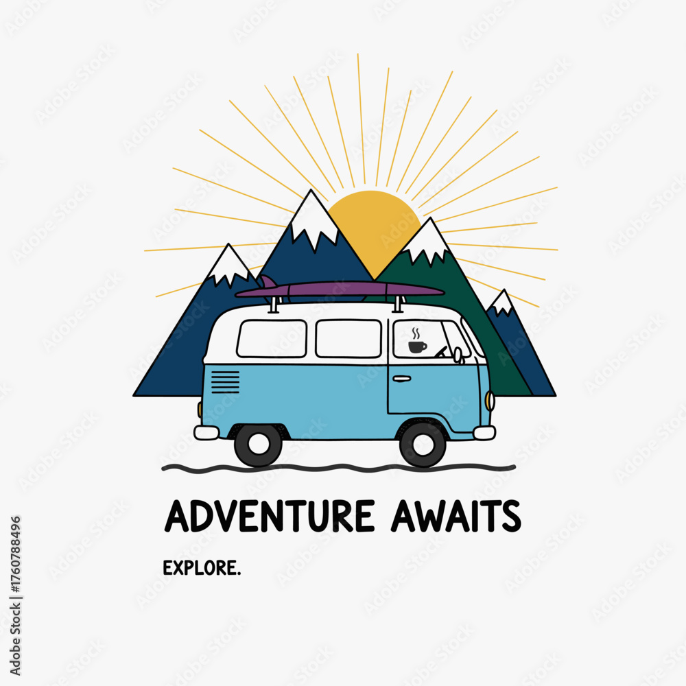 Obraz premium Camping Van Illustration. Let's Explore Adventure Poster. Retro Camper and Mountain Graphic. Vintage Travel Artwork.