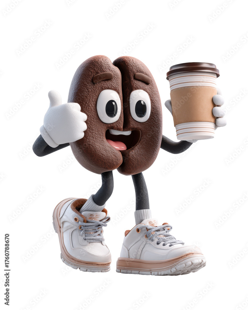 Fototapeta premium Coffee bean character in white shoes, smiling and holding a cup of takeaway coffee, 3D cartoon game art. 