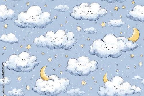 Seamless Pattern of Smiling Clouds, Stars, and Moons – Soft Blue Background