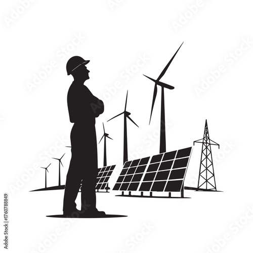 Silhouette of an engineer overseeing renewable energy sources Keywords: engineer, silhouette, hard hat, renewable energy, solar panels, wind turbines, electricity pylon, power, industry