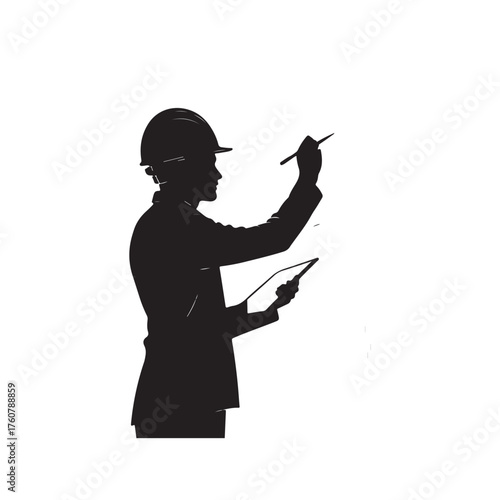Silhouette of an engineer wearing a hard hat holding a tablet and a stylus on a white background Keywords: engineer, silhouette, hard hat, tablet, stylus, drawing, planning, construction