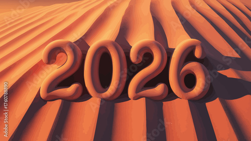 The year 2026 represented by large inflated 3d numbers casting long shadows across rippling sand dunes under warm sunlight