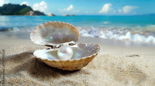 Beautiful open shell with lustrous pearl resting on sandy beach at serene ocean backdrop with gentle waves and blue sky