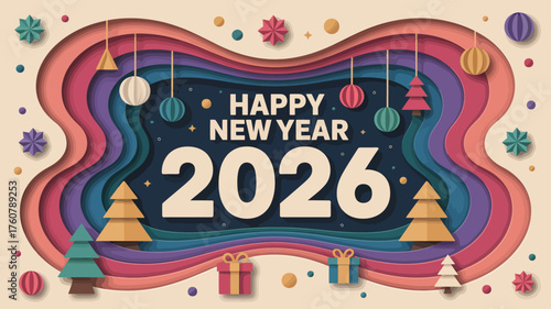 Happy new year 2026 greeting card with colorful layered paper cutouts featuring festive decorations and winter trees