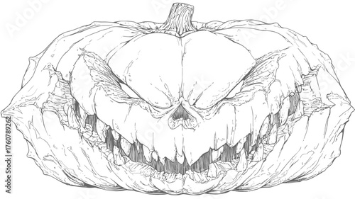 Detailed spooky Halloween pumpkin illustration with a sinister grin and sharp teeth, hand-drawn sketch art for seasonal horror designs.