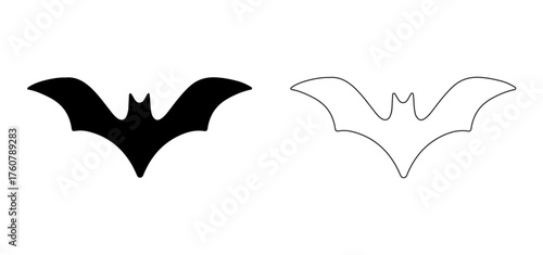 Bat Silhouette Icon Set: Black bat silhouette and outline template