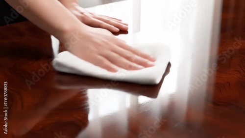 Wallpaper Mural Person Cleans Wood Table Surface With White Cloth Indoors Torontodigital.ca