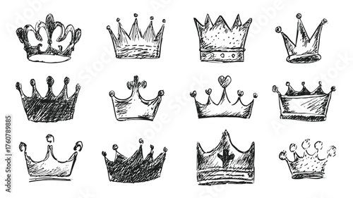 Hand-drawn sketch crowns set. Vintage doodle royal king and queen headwear collection. Graphic design elements for majestic concepts.