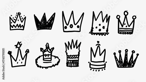 Hand-drawn doodle crown icons set. Simple black king and queen tiara symbols for royalty, success, leadership, achievement, and winner concepts.