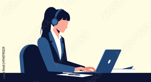 Professional woman wearing headset uses laptop for remote work or customer support