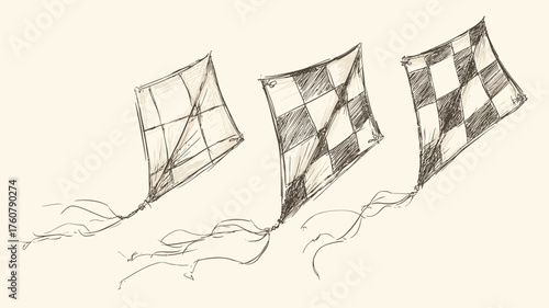 Hand-drawn vintage sketch illustration of three flying kites with checkerboard patterns, representing childhood leisure and freedom.