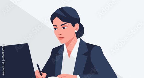 Focused businesswoman working intensely writing notes at her office desk