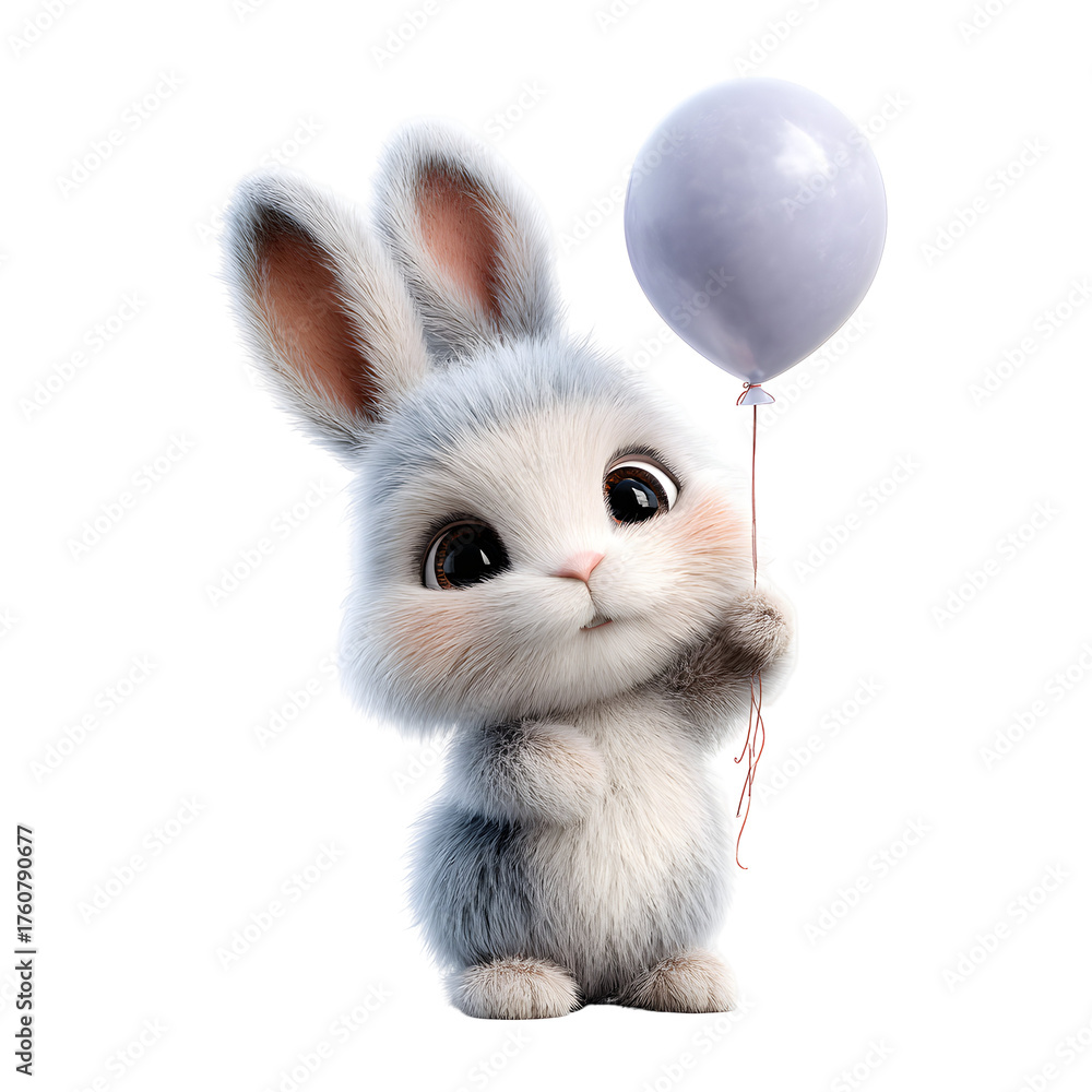 Obraz premium Cottontail's Dream: A charming rabbit, sporting soft fur and expressive eyes, holds a floating balloon, its form suggesting a sense of wonder and childlike play.