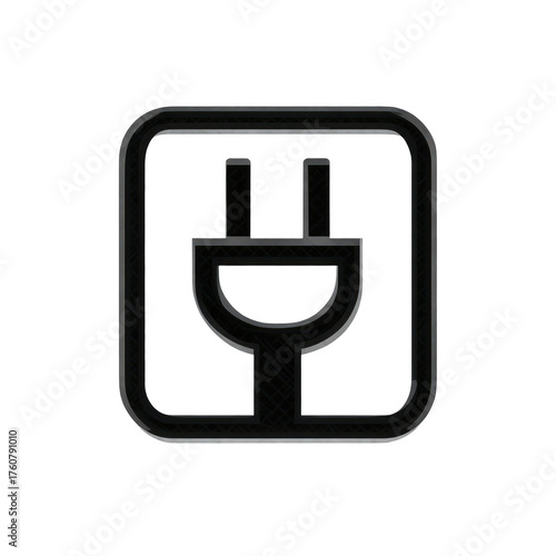 A grayscale graphic of an electrical plug within a square frame, on a black backdrop