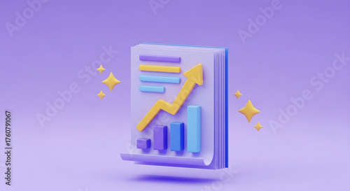 3d illustration of a financial report with upward trending arrow and bar chart on purple background