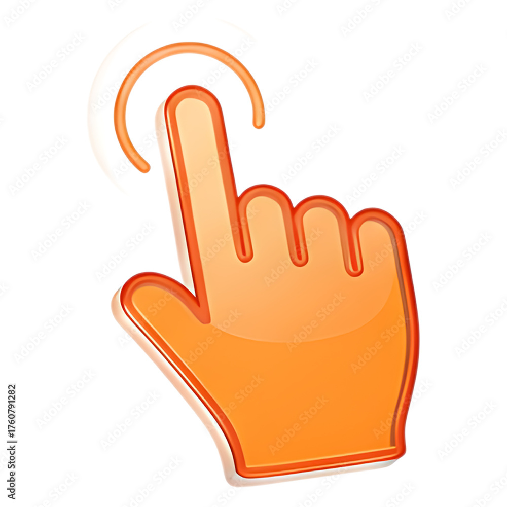 Fototapeta premium Glossy Orange Human Hand Cursor 3D Icon: Volumetric Click Pointer Symbol for Interactive Web Button, App Element, and Touch Interface