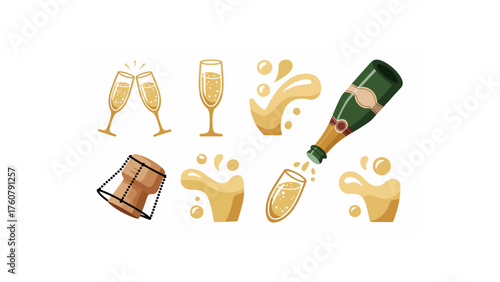 Illustration showing champagne bottle glasses cork and splashes on a white background vector graphics