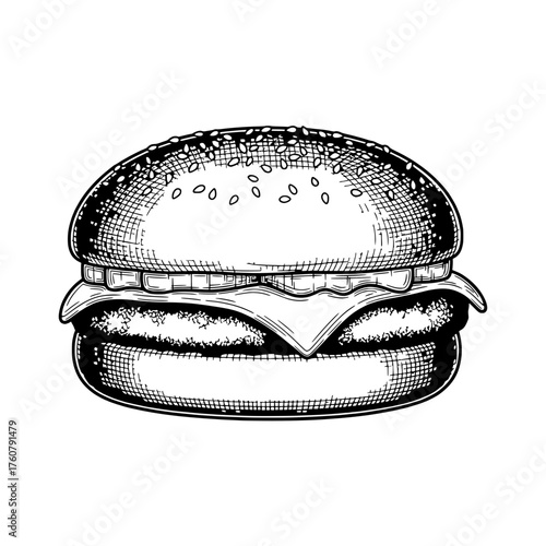An appetizing monochrome illustration captures a tempting hamburger, a culinary classic that's a celebration of simplicity.