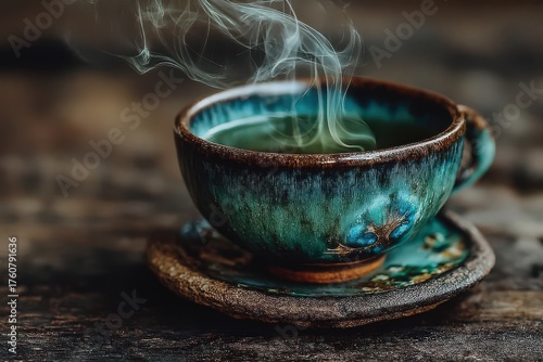 Wallpaper Mural Captivating scene of aromatic herbal tea emanating delicate steam from an intricately designed turquoise ceramic cup on a rustic wooden surface inviting warmth and tranquility Torontodigital.ca