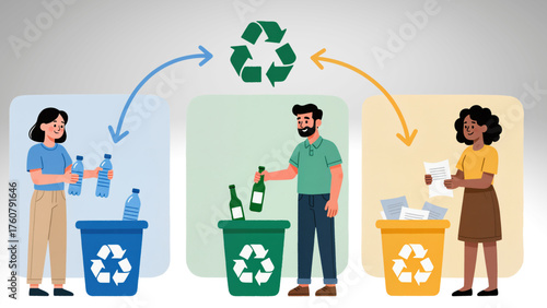 Business people holding a green recycling symbol sign, a cartoon vector illustration of people promoting environment friendly concept and waste management for business **