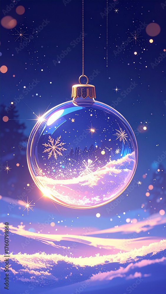 Fototapeta premium Enchanted Glass Christmas Ornament Floating in a Night Sky with Snow and Magical Glow
