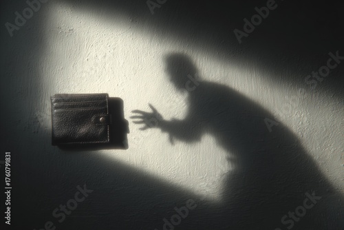 Shadow of person's hand attempting to steal a wallet from light area