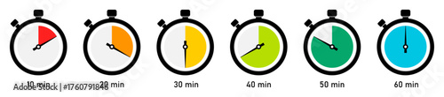 Collection of stopwatch icons showing countdown times from 10 to 60 minutes with colorful segments. Countdown timer. Cooking time label, sticker. Vector illustration.